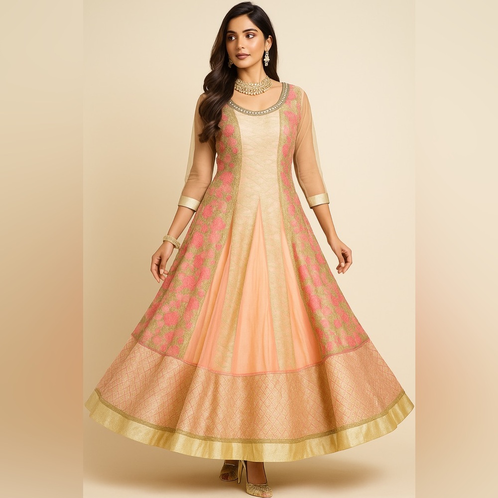 Elegant Gold and Pink Indian Gown with Dupatta Size L